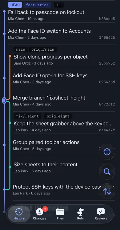 History after the undo: HEAD is back on Fall back to passcode on lockout, and Changes shows the undone change still staged.